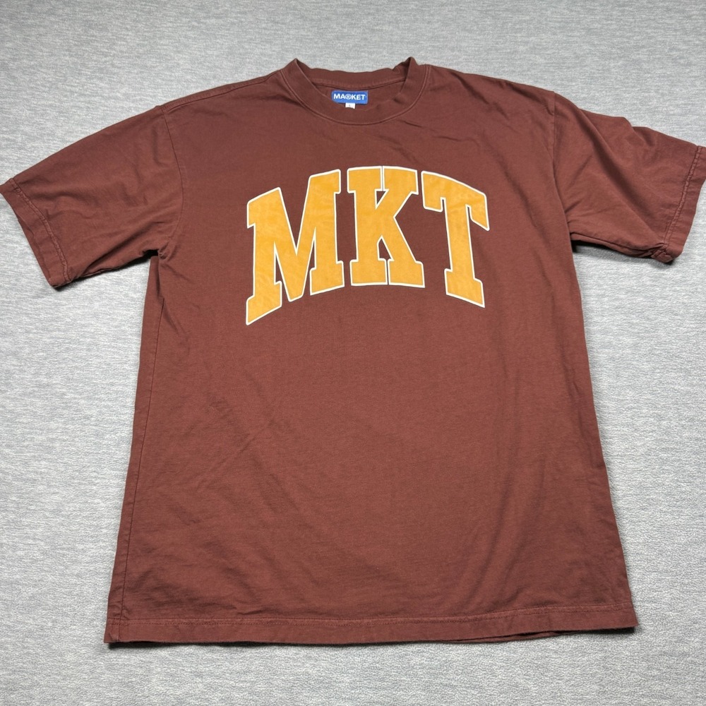 Market‎ T-Shirt Men Large Brown MKT Collegiate Varsity Arch Graphic Boxy Fit Tee